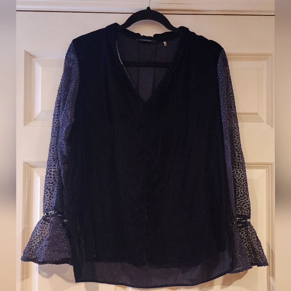 T Tahari black velour blouse with sheer bell sleeves M